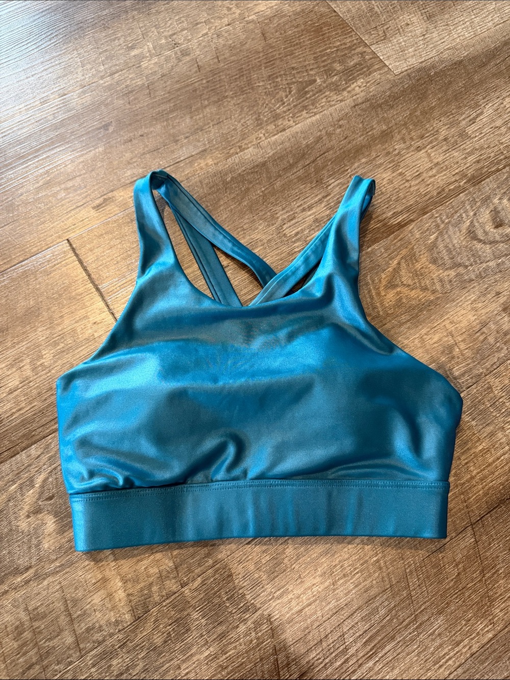 Satin-Feel Teal High-Neck Sports Bra